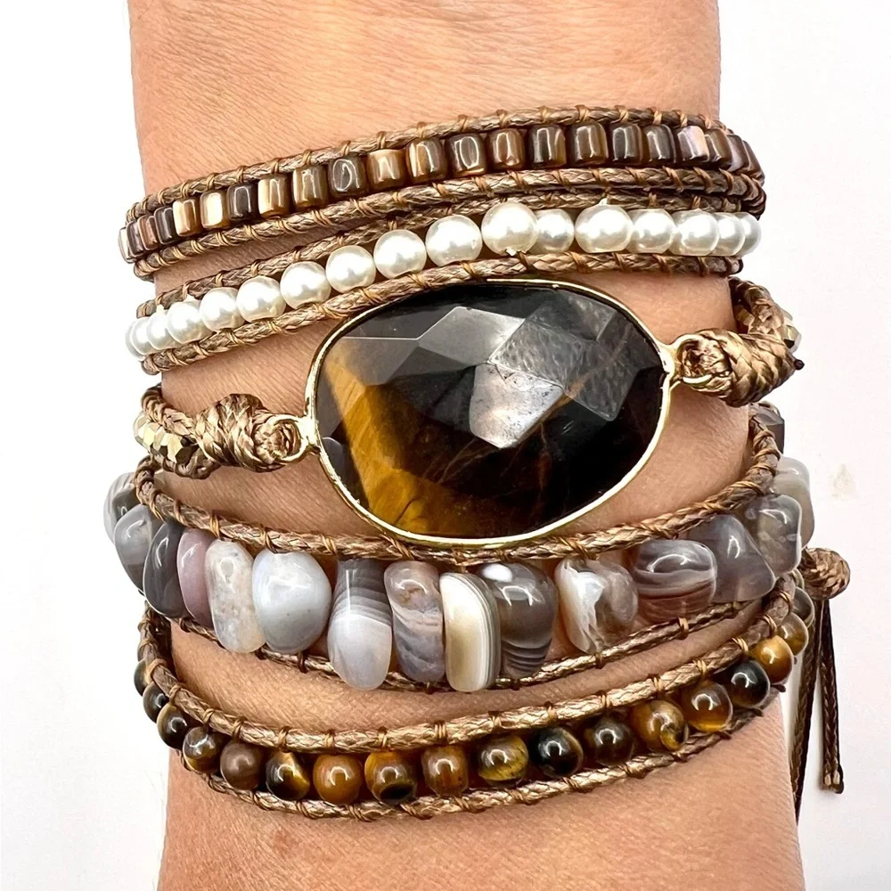 Tiger’s Eye + Botswana Agate Wrap Bracelet - Picture 1 of 5